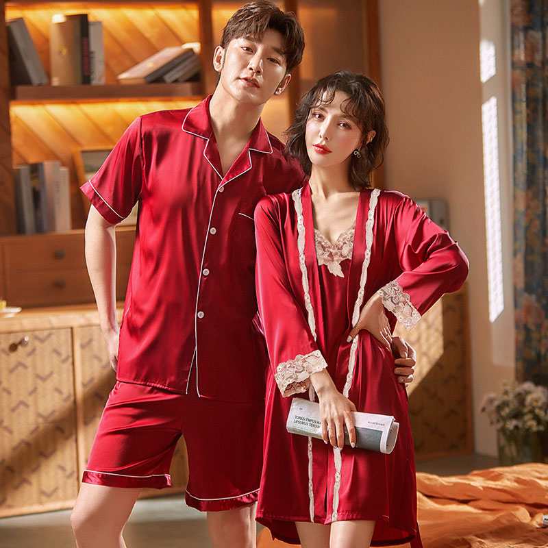 倩缇歌旗舰店结婚情侣睡衣夏季女性感冰丝绸薄款睡裙男士短袖春秋新婚红色套装0