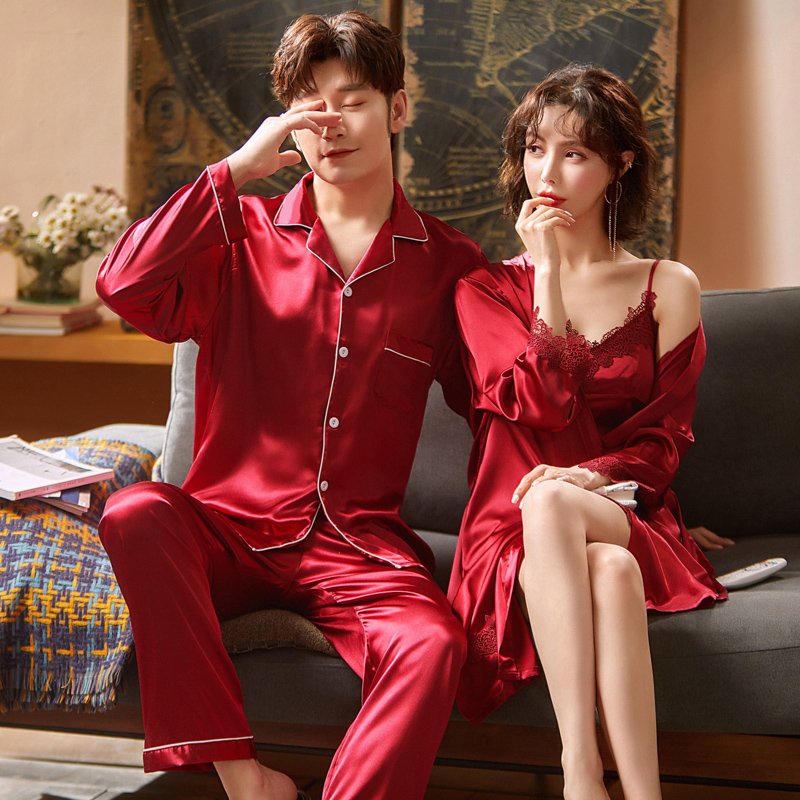 倩缇歌旗舰店春秋情侣冰丝睡衣女性感睡裙睡袍两件套韩版男士丝绸夏长袖家居服1