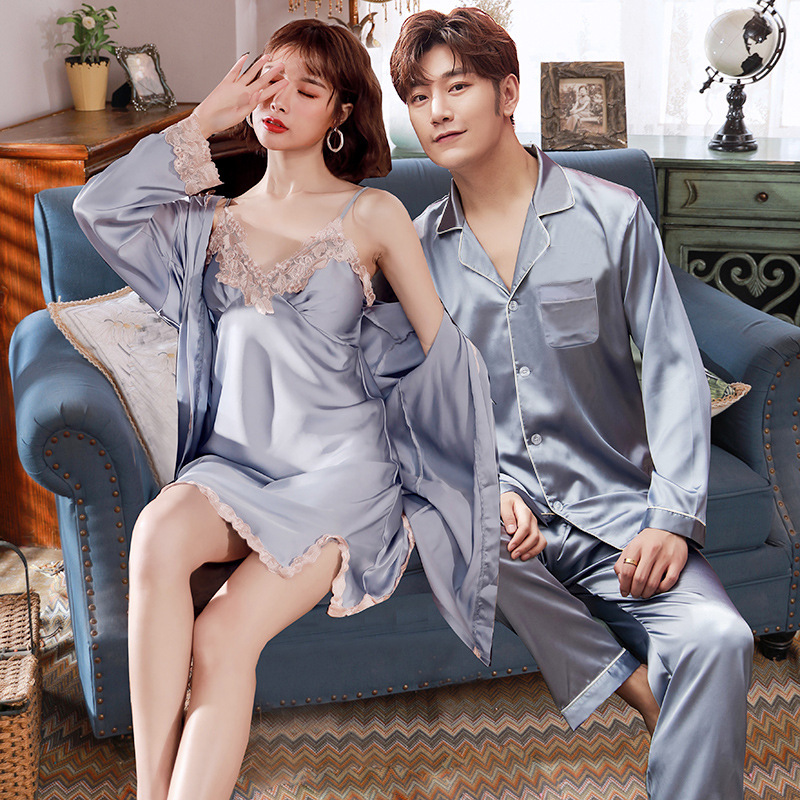倩缇歌旗舰店结婚冰丝情侣睡衣女秋夏季丝绸性感蕾丝睡袍睡裙薄款长袖男士套装0