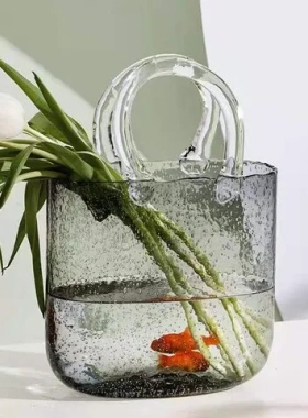 花瓶摆件创意手提篮气泡水培创意透明玻璃客厅家花瓶包包花器插花