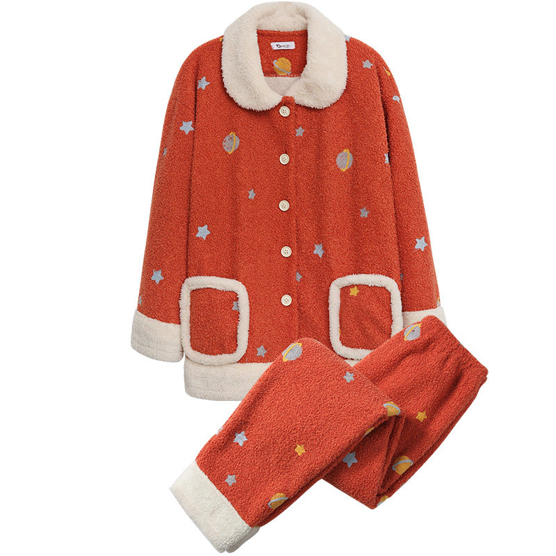 秋冬红色星球刺绣结婚棉珊瑚绒睡衣 木苍子睡衣/家居服套装