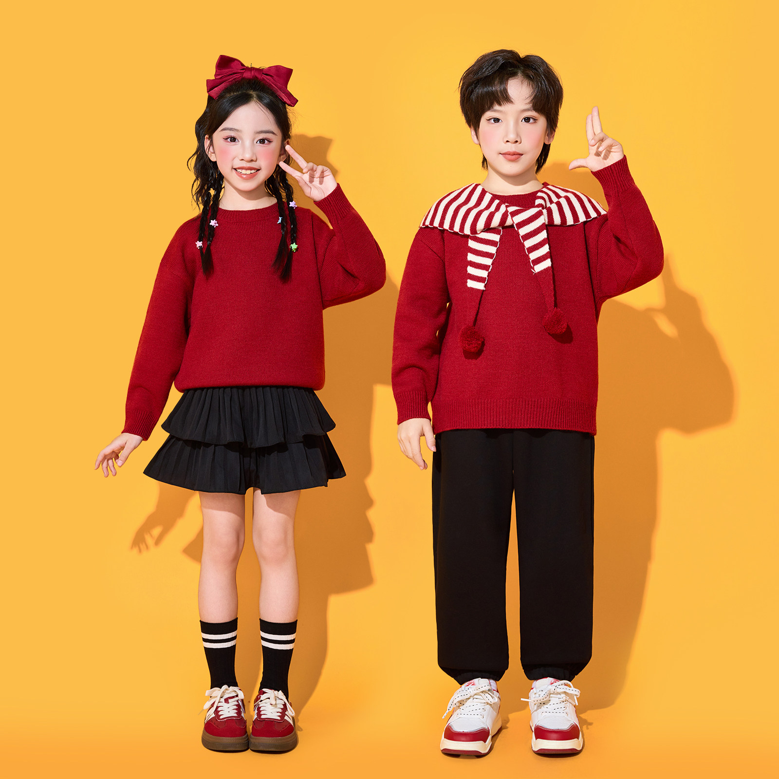元旦儿童演出服小学生合唱表演服装红色喜庆毛衣啦啦队套装男女童,淘宝优惠券,粉丝福利购,淘宝优惠卷