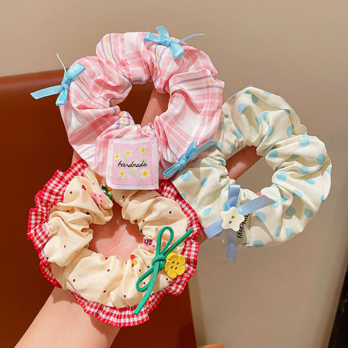 儿童甜美彩色大肠发圈小女孩蝴蝶结蕾丝发饰女童扎丸子头头绳皮筋 - 图2