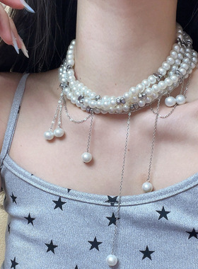 日系CoopKoop法式多层仿珍珠叠戴流苏项链女小众设计感时尚气质