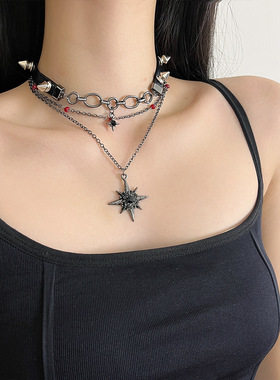 日系CoopKoopy2k辣妹星芒铆钉皮革项圈choker暗黑朋克多层项链