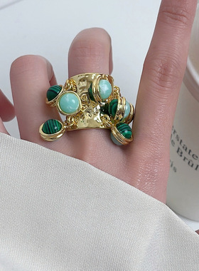 日系coopkoop欧美小众复古宫廷宝石戒指孔雀石琉璃吊坠高级流苏