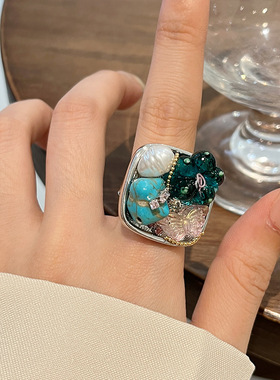 日系CoopKoopins风绿松石手工串珠戒指琉璃花朵蝴蝶镶钻开口指环