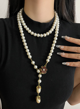 日系CoopKoop法式复古巴洛克珍珠项链女长款小众设计花朵锁骨