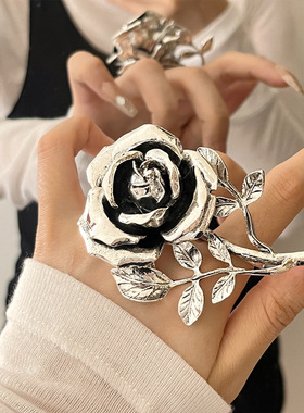 日系coopkoop欧美复古金属立体玫瑰花朵长款戒指女新款个性双指