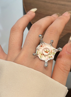 日系CoopKoop小香风樱花粉玫瑰印花珐琅滴油戒指女扇形宽版金属