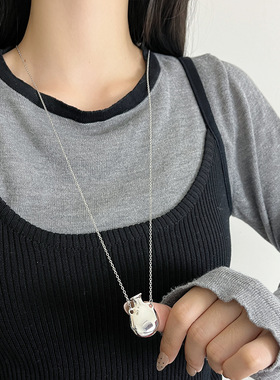 日系coopkoopt家大小号银色酒壶吊坠项链女复古长款毛衣链秋冬