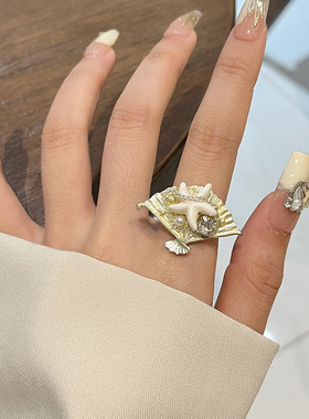 日系CoopKoop法式复古仿珍珠异形爱心扇子戒指小众海星镶钻链条