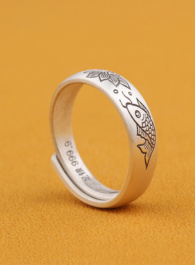 日系coopkoop9银戒指银男女情侣款对戒复古国潮民族风莲年有鱼