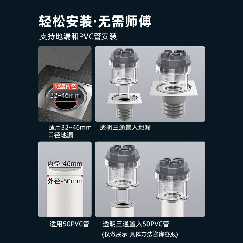 洗衣机下水三通阳台地漏专用接头烘干机扫地机器人排水管四通防臭,淘宝优惠券,粉丝福利购,淘宝优惠卷