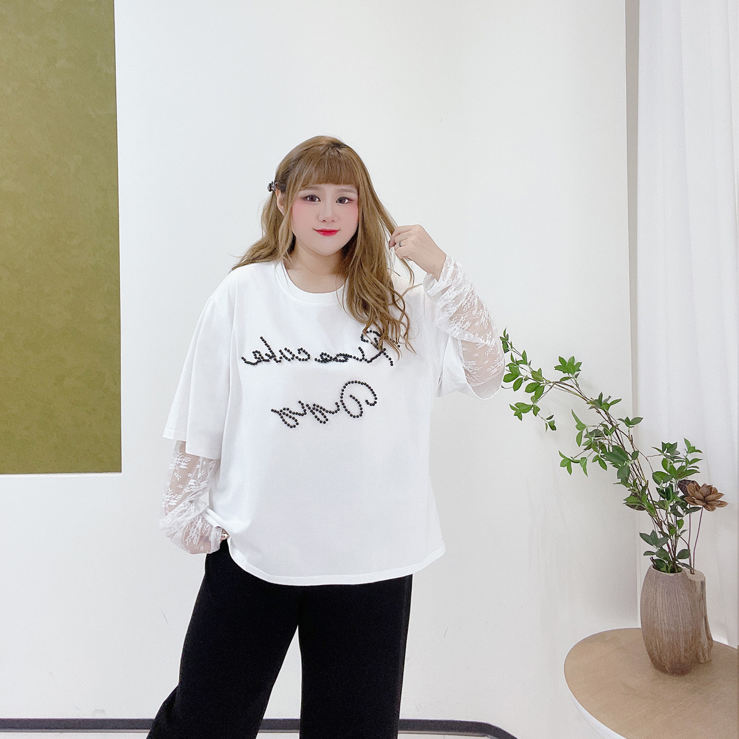 胖莹莹大码女装甜辣风蕾丝钉珠显瘦拼接假两件松弛感宽松正肩T恤,淘宝优惠券,粉丝福利购,淘宝优惠卷