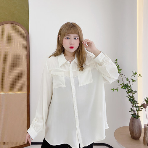 300斤胖莹莹特大码女装甜美设计感木耳边高级感遮肉显瘦宽松衬衫 - 图2