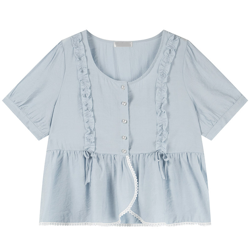 胖莹莹大码女装2025夏季韩系减龄清新甜美温柔木耳边A字显瘦衬衫,淘宝优惠券,粉丝福利购,淘宝优惠卷