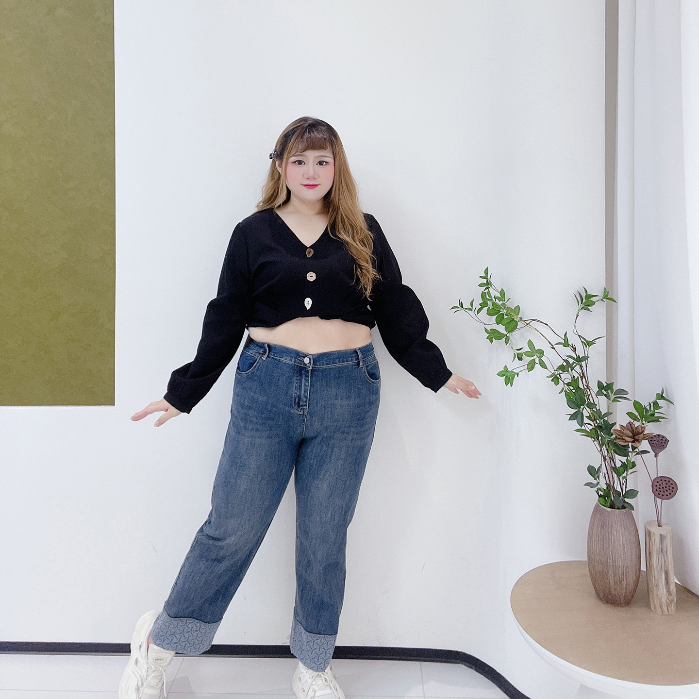 2025新款胖莹莹大码女装高腰百搭直筒卷边法棍裤松紧腰九分牛仔裤,淘宝优惠券,粉丝福利购,淘宝优惠卷