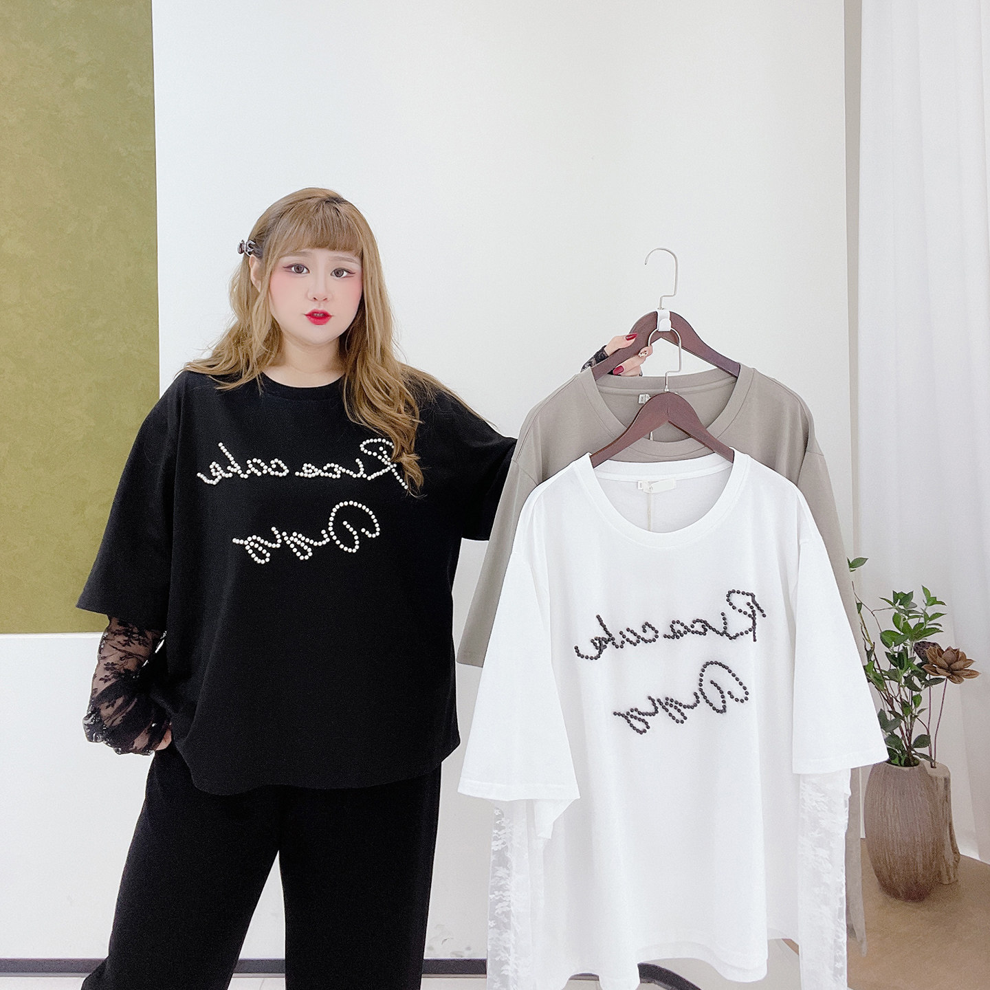 胖莹莹大码女装甜辣风蕾丝钉珠显瘦拼接假两件松弛感宽松正肩T恤,淘宝优惠券,粉丝福利购,淘宝优惠卷