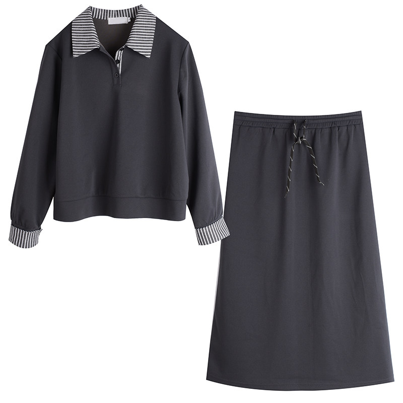 胖莹莹大码女装学院风格雷灰假两件格纹宽松衬衫领卫衣半身裙套装,淘宝优惠券,粉丝福利购,淘宝优惠卷