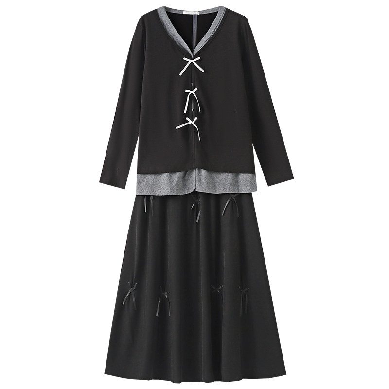 300斤胖莹莹大码女装V领法式撞色拼接假两件蝴蝶结上衣半身裙套装,淘宝优惠券,粉丝福利购,淘宝优惠卷