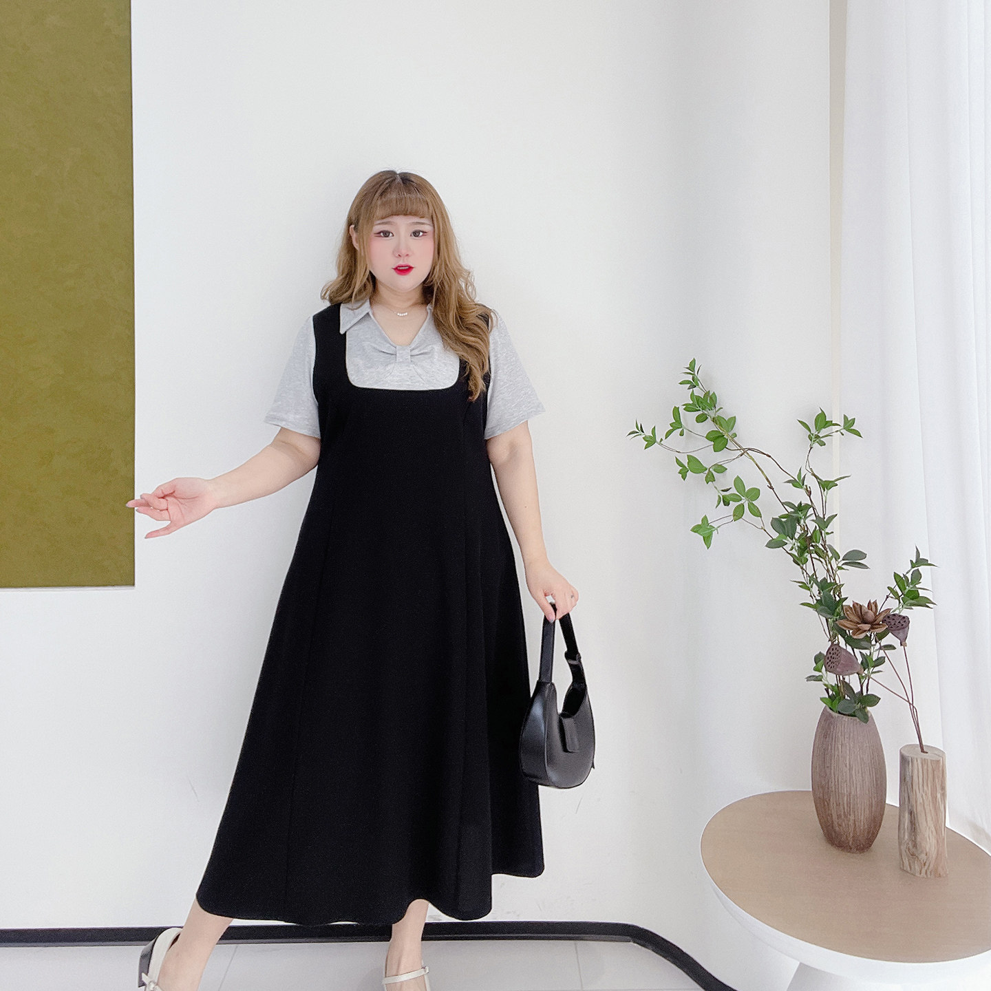 胖莹莹大码女装清新减龄韩系假两件学院风长裙撞色少女感连衣裙,淘宝优惠券,粉丝福利购,淘宝优惠卷