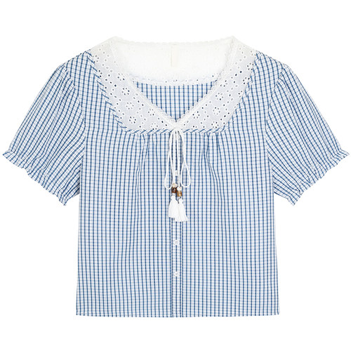 胖莹莹大码女装2026超火韩系甜美田园风绑带镂空格纹遮肉显瘦衬衫 - 图3