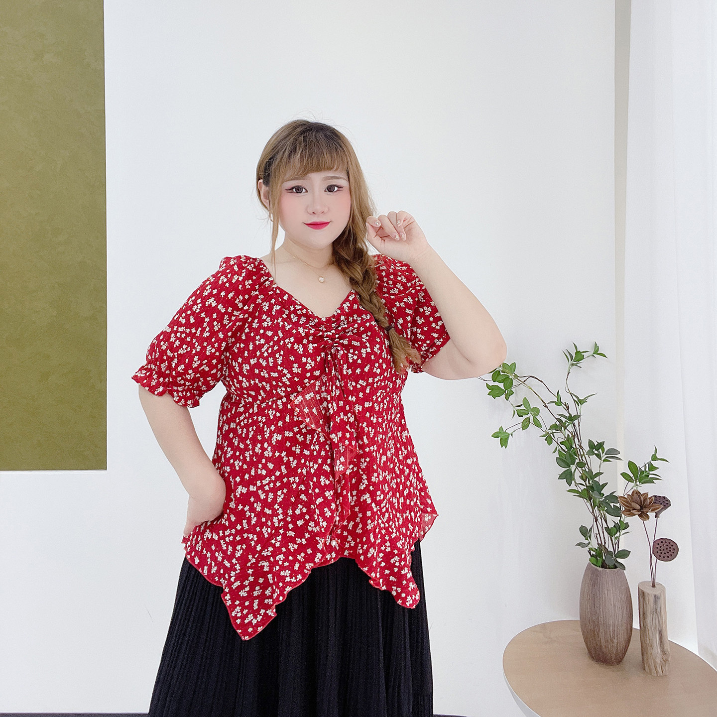 胖莹莹大码女装韩系小众碎花抽绳荷叶边宽松不规则薄款显瘦上衣,淘宝优惠券,粉丝福利购,淘宝优惠卷