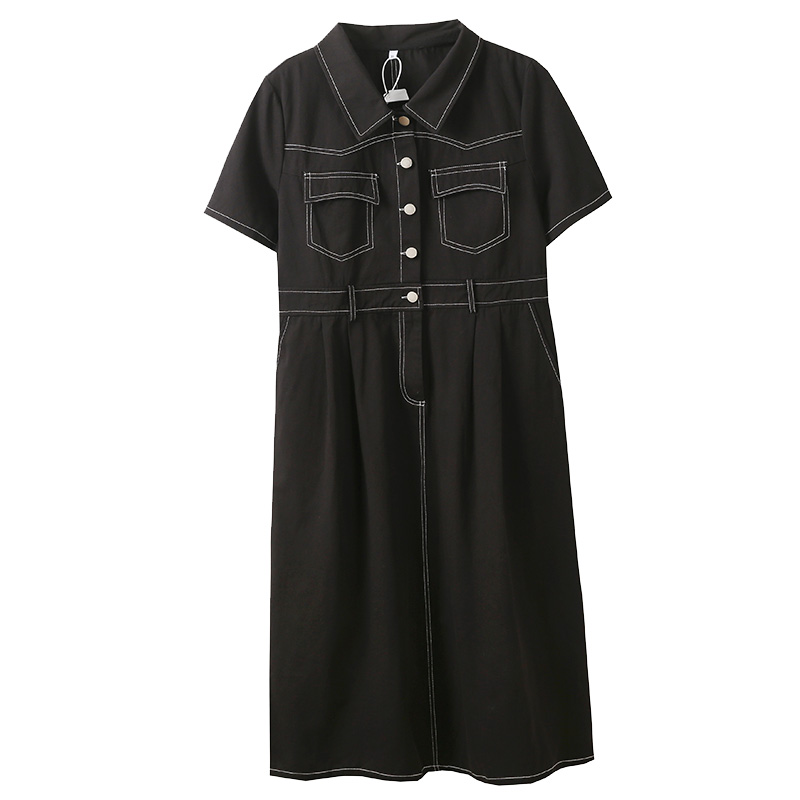 复古港风学院风减龄240斤胖妹大码女装牛仔收腰明线翻领长连衣裙 - 图3