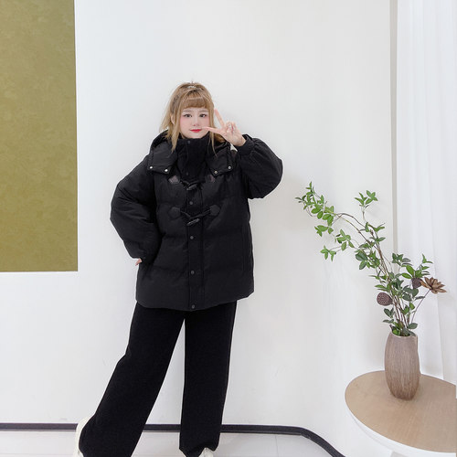 300斤胖莹大码女装韩系少女感减龄保暖加厚牛角扣连帽羽绒服外套 - 图1