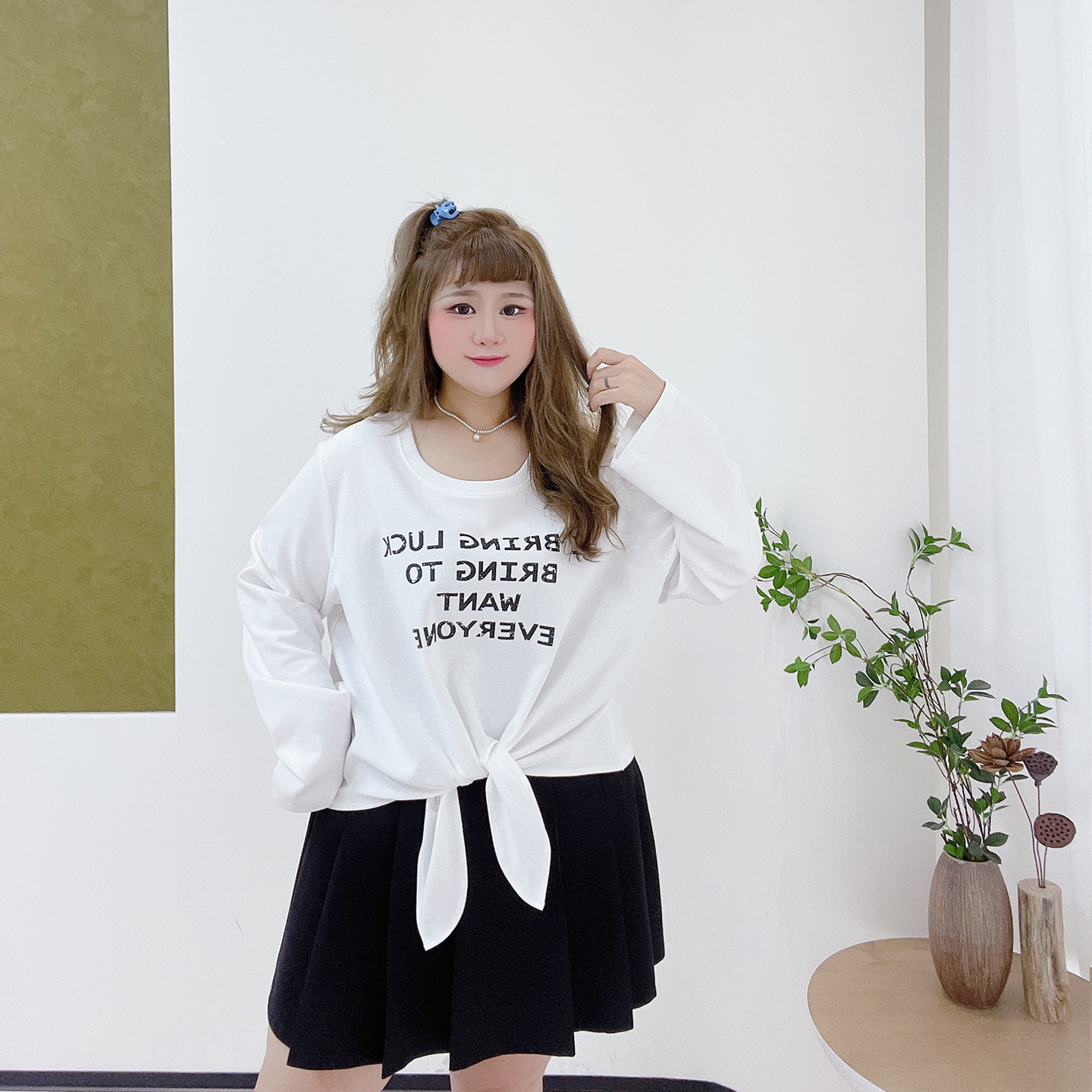 胖莹大码女装韩系少女感学院风减龄系带辣妹字母显瘦印花长袖T恤,淘宝优惠券,粉丝福利购,淘宝优惠卷