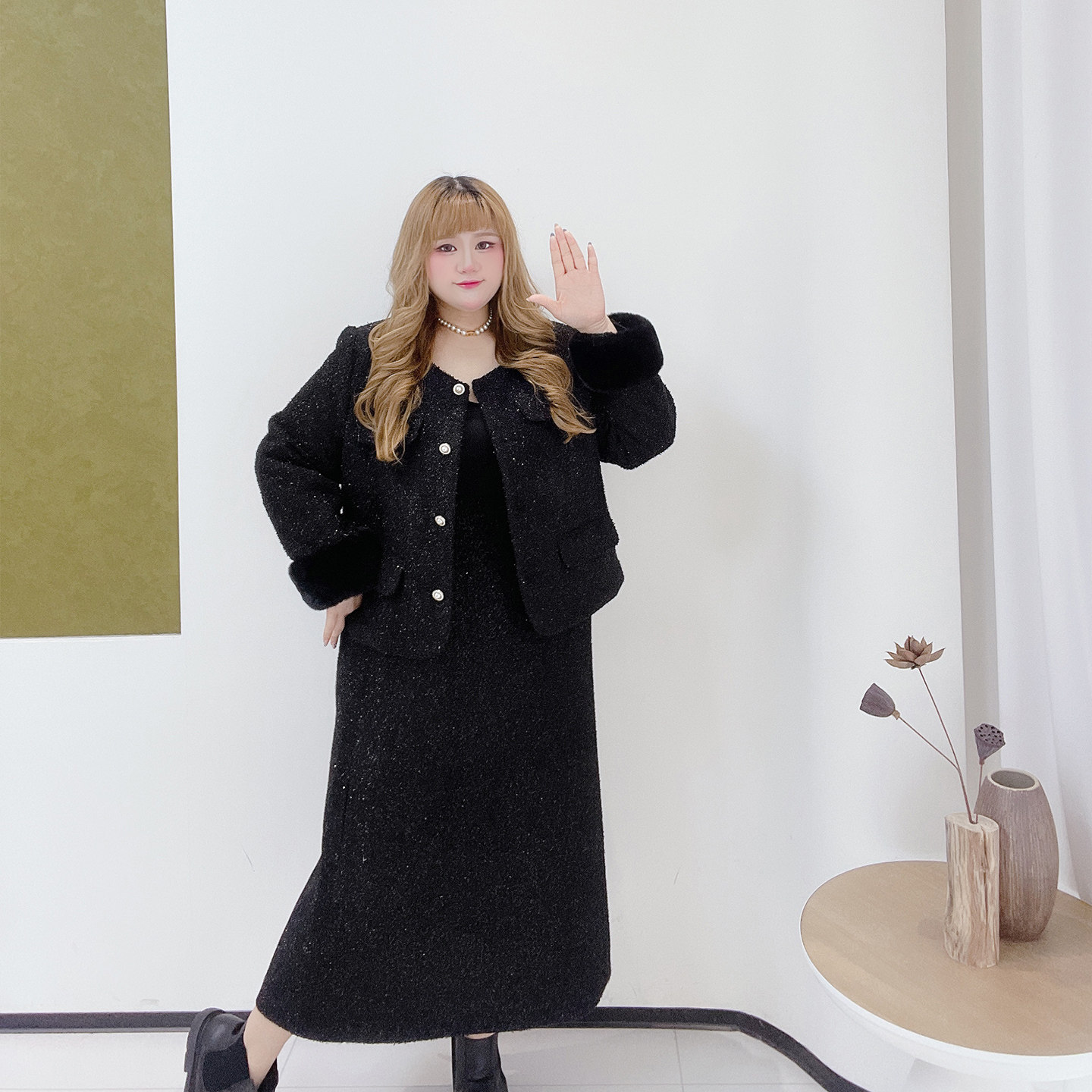 300斤胖莹大码女装胖mm小香闪亮千金风夹棉高级感外套半身裙套装,淘宝优惠券,粉丝福利购,淘宝优惠卷