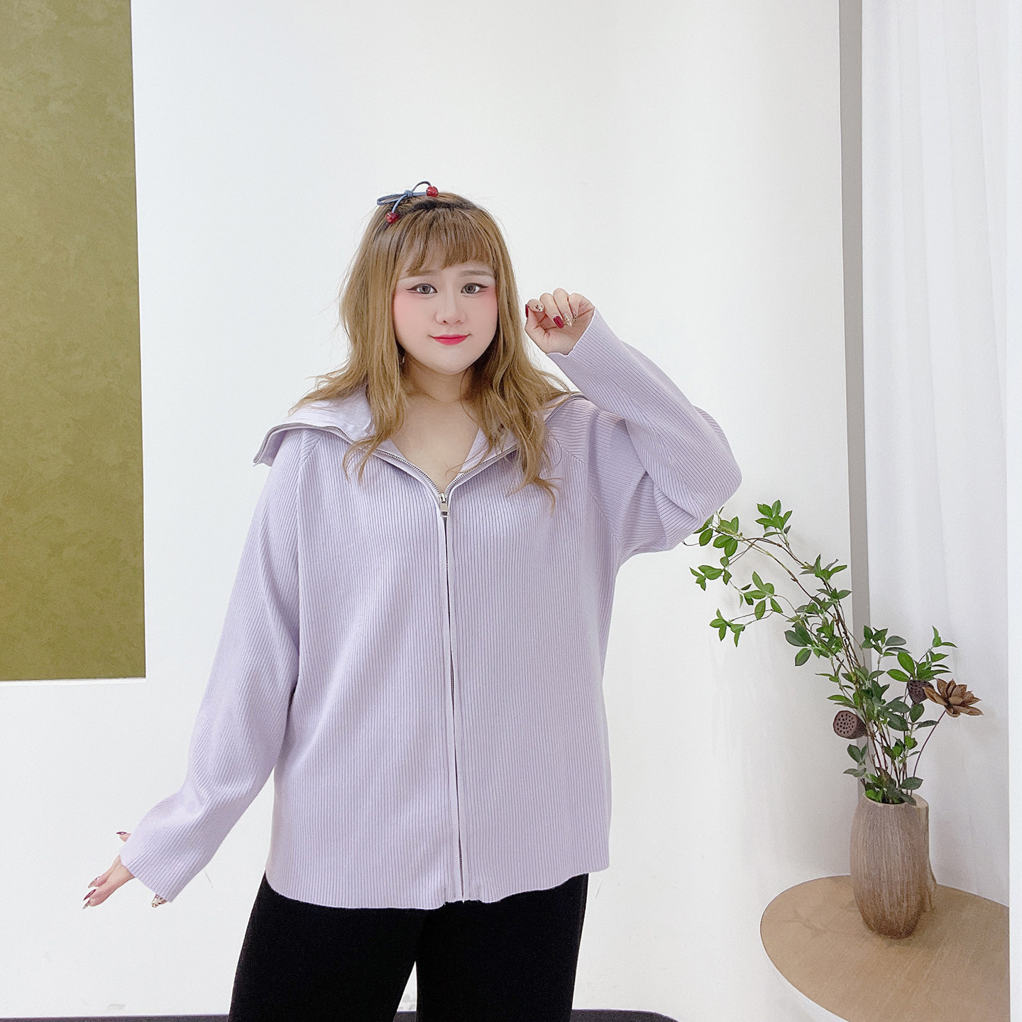 胖莹大码女装300斤胖mm韩系简约宽松纯色减龄拉链针织衫休闲外套,淘宝优惠券,粉丝福利购,淘宝优惠卷