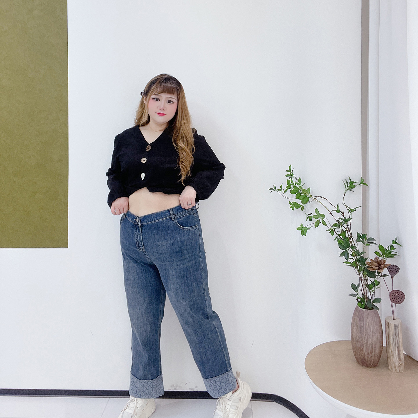 2025新款胖莹莹大码女装高腰百搭直筒卷边法棍裤松紧腰九分牛仔裤,淘宝优惠券,粉丝福利购,淘宝优惠卷