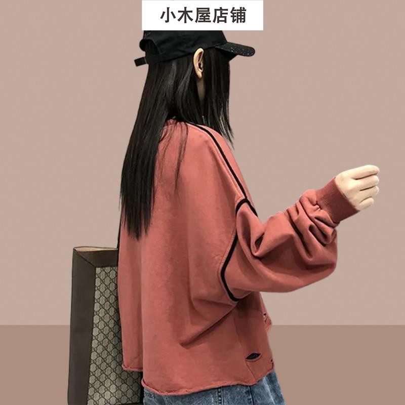 女士卫衣2023春秋季新款爆款宽松设计感破洞无帽圆领长袖薄款上衣 - 图2