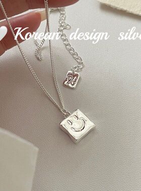 简约设计方形银饰项链笑脸韩国