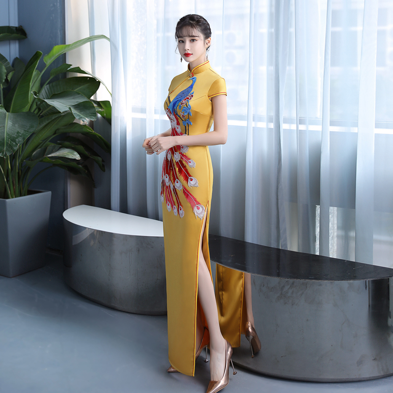 2024新款修身改良高端开叉绣花长款走秀旗袍裙表演出服女舞台宴会 - 图0