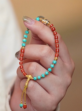 宝瓶天珠手串藏式南红玛瑙绿松石佛珠念珠手链单圈手串