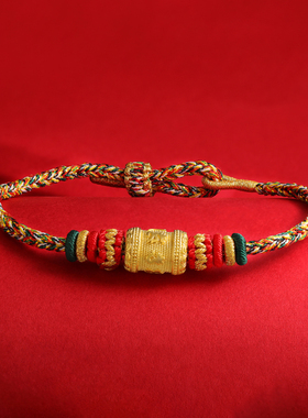 S925银镀金六字真言手链藏式复古风格情侣红绳手环原创设计饰品