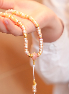 天然珍珠大肠款文玩佛珠 银镀金配玛瑙装饰 男女款手持串珠项链