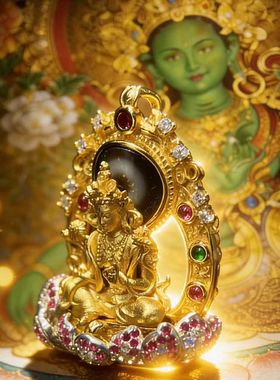 三漫陀一眼绿度母吊坠银鎏金镶嵌彩宝藏式尼泊尔圣救随身佛龛挂坠