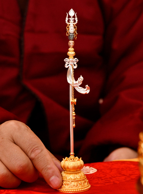 尼泊尔工艺S925银镀金天杖摆件藏式传统禅杖设计个性桌面装饰