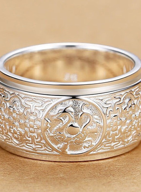 999足银男士戒指霸气个性四大神兽霸可转动宽版国潮风单身食环