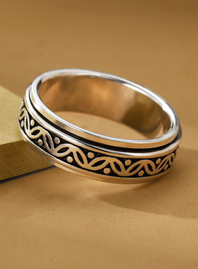 泰银中国风戒指树叶造型纯银可转动复古个性潮旋转闭口解压创意戒