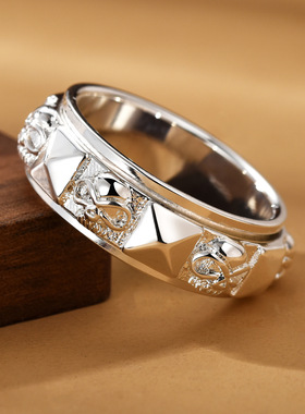 泰银骷颅头欧美风造型纯银可转动个性潮旋转闭口解压创意食指环