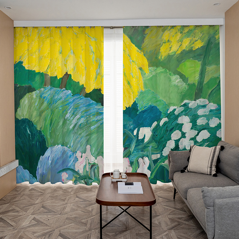 2024新款北欧简约小清新抽象艺术绿植油画卧室客厅书房遮光窗帘