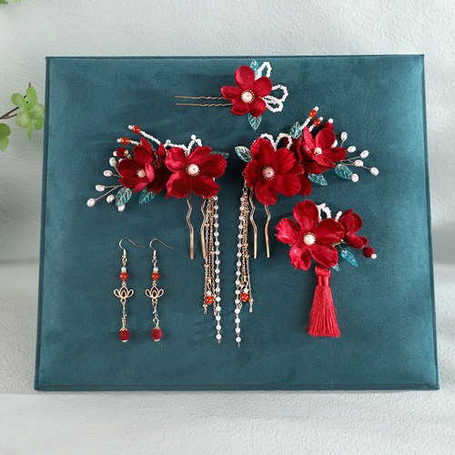 红色绒花新款中式秀禾发饰敬酒全套喜庆发夹古风新娘简约头饰流苏 - 图2