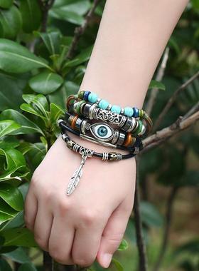 绿松石编织皮革男士手链欧美四组合恶魔之眼手饰跨境货源饰品
