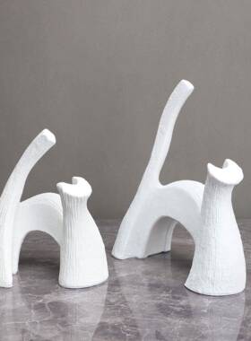 新中式白色艺术猫摆件样板房售楼部卧室书房客厅桌面玄关家居饰品