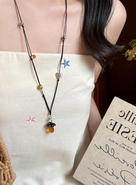 夏日多巴胺蘑菇串珠项链女款2025新款爆款长款甜美挂脖卫衣链配饰
